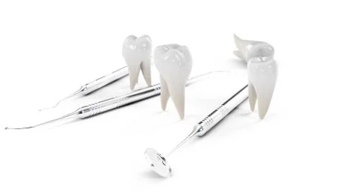Healthy teeth Isolated on a white background. Teeth with dental tools. Concept Illustrazione stock
