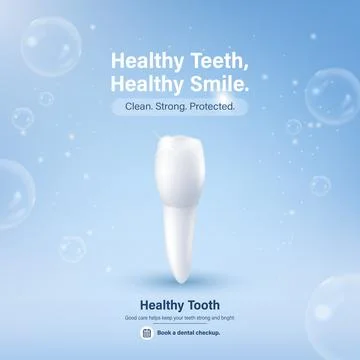 Healthy Teeth Poster. Vector 3d Tooth Dental Care Banner with Blue Bubbles fo Stock Illustration