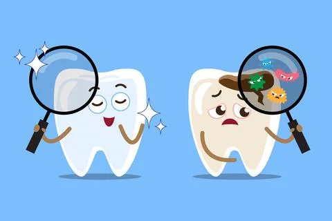 Healthy tooth and decayed tooth hold magnifying glass and seen microorganis.. Stock Illustration