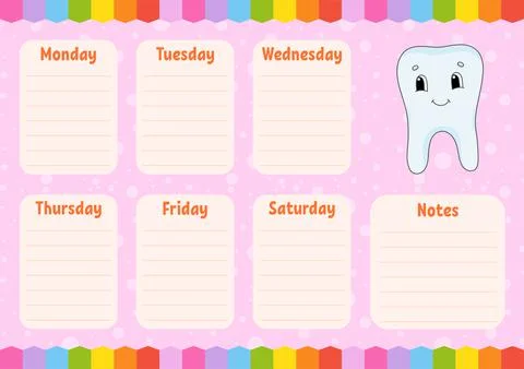 Healthy tooth. School schedule. Timetable for schoolboys. Empty template. Wee Stock Illustration