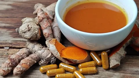 A healthy turmeric drink on table. Stock Footage 306285672