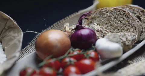 Healthy vegan bread choice scene. Multi grain sourdough bread with flax seeds Stock Footage 330123030