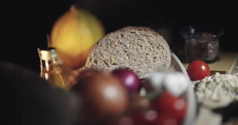 Healthy vegan bread choice scene. Multi grain sourdough bread with flax seeds Stock Footage 330123075