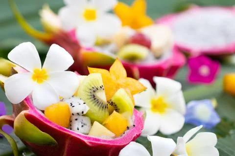 Healthy vegetarian mixed varity of fruit in dragon fruits bowl, starfruits,ki Stock Photos