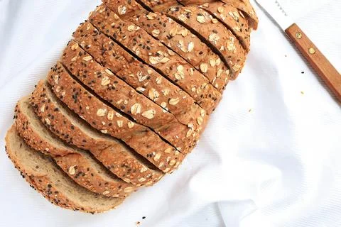 Healthy whole grain bread. deciduous big kraftkorn bread with seeds Stock Photos