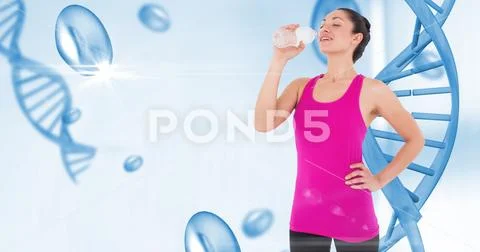 Healthy woman drinking water against DNA structures Stock Photos