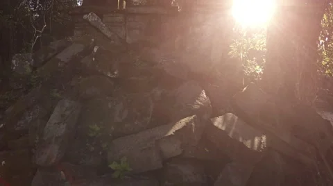 Heap of Ancient Stone Blocks at a Temple Ruin in Cambodia. UHD video Video stock 60563657