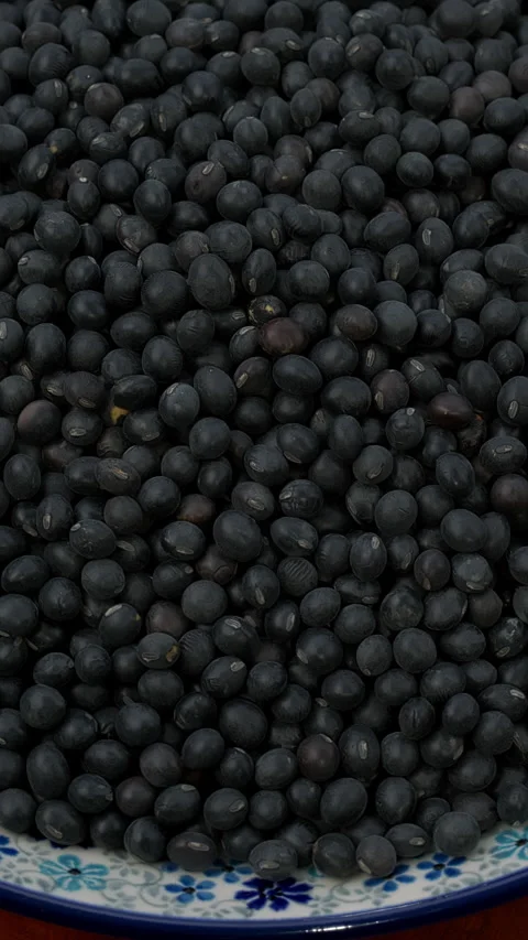 Heap of black soybean on a plate.  Table spin. Vertical video. Stock Footage 279569986