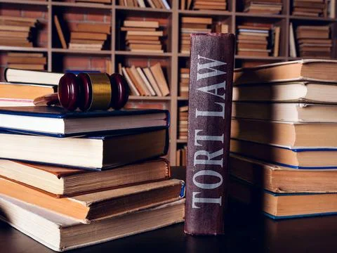 Heap of books and Tort law with gavel. Stock Photos