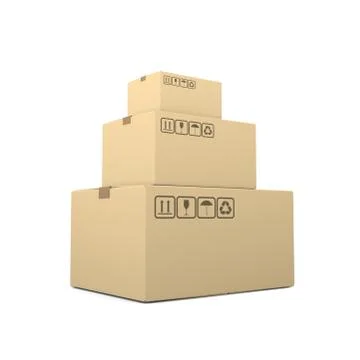 Heap of Closed Beige Cardboard Boxes on White Background 3D Illustration Illustrazione stock