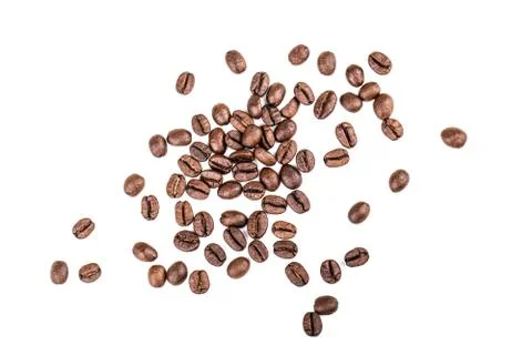 Heap of coffee beans on white background. Top view, flat lay Stock Photos