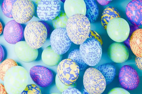 Heap of colorful patterned Easter eggs top view. イラスト素材