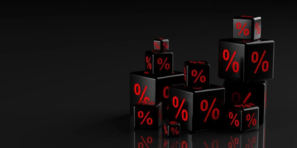 Heap of different sized black cubes or dice with percent sign symbol on bla.. Stock Illustration