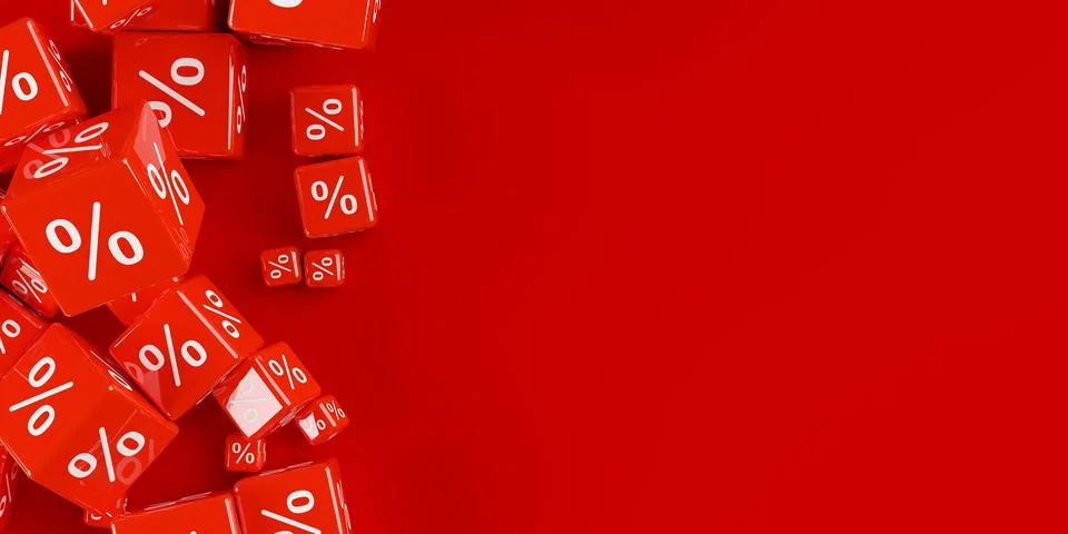 Heap of different sized red cubes or dice with percent sign symbol on red b.. Stock Illustration