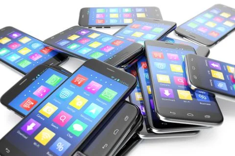 Heap of the different smartphones with application on the screen. Modern Stock Illustration