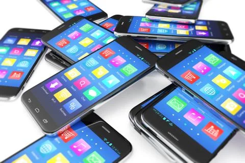 Heap of the different smartphones with application on the screen. Modern Stock Illustration