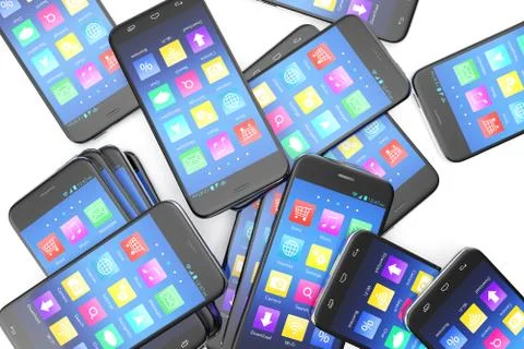 Heap of the different smartphones with application on the screen. Modern Stock Illustration