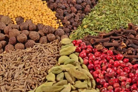 Heap of different spices Stock Photos