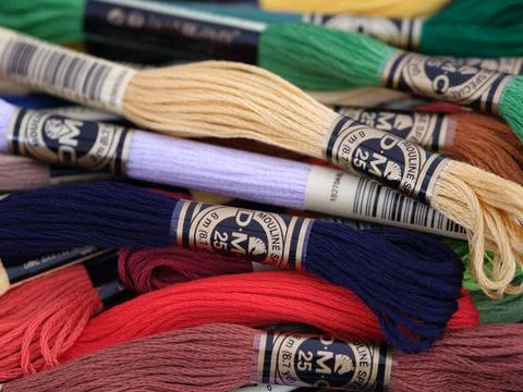 A heap of differently colored DMC Six Strand Floss Stock Photos