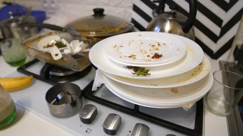 Heap of dirty dishes on the kitchen Stock Footage 112987466