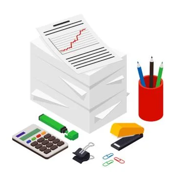 Heap of documents accompanied by pen, pencil and calculator. Stock Illustration
