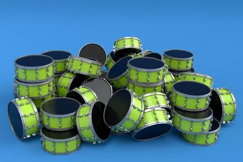 Heap of drums or drumset lying on blue background Stock Illustration