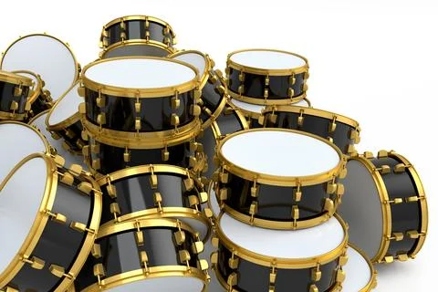 Heap of drums or drumset lying on white background Stock Illustration