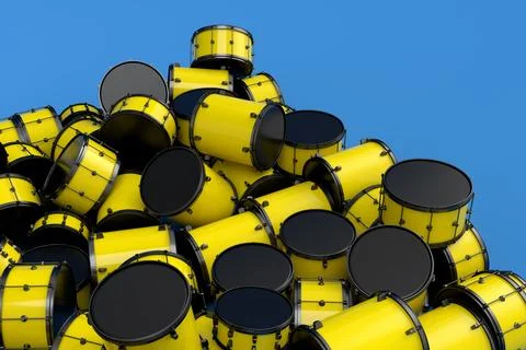 Heap of drums or drumset lying on blue background Stock Illustration