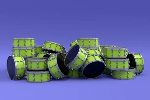 Heap of drums or drumset lying on violet background Foto stock
