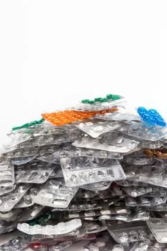 Heap of empty assorted various medicine tablets pills blisters different colo Stock Photos