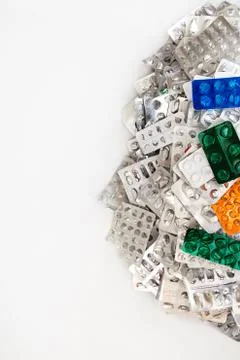 Heap of empty assorted various medicine tablets pills blisters different colo Stock Photos