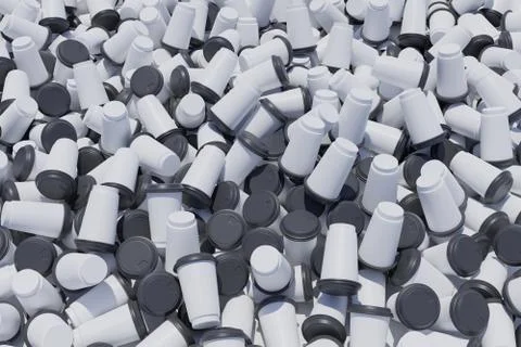 Heap of empty to go coffee cups black white Stock Illustration