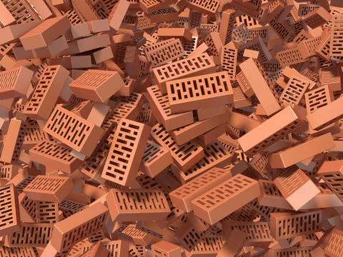 Heap of falling, flying, scattered bricks background. 3D Heap of falling, ... Foto stock