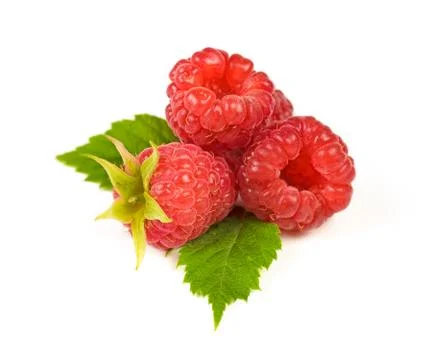Heap of Four Red Ripe Raspberry with Green Leaves Isolated on White Stock Photos