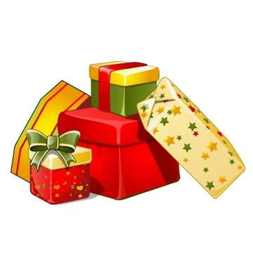 Heap of Gift boxes with ribbon bow, colorful wrapped paper, isolated on white Stock Illustration