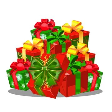 Heap of Gift boxes with ribbon bow, colorful wrapped paper, isolated on white Stock Illustration