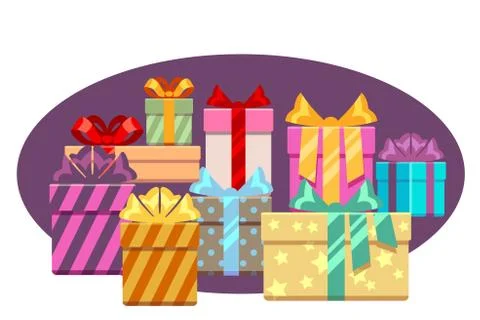 Heap of gift boxes with ribbon bows isolated over white Stock Illustration