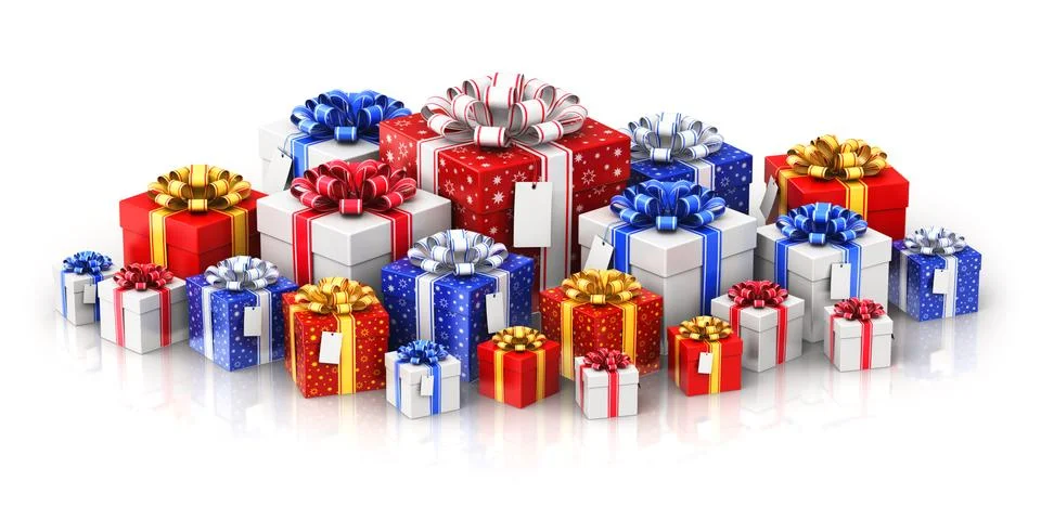 Heap of gift or present boxes with ribbon bows and label tags 스톡 일러스트