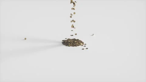 Heap of gold coins falling stacked to the floor on white background. Flow money Stock Footage 271608301