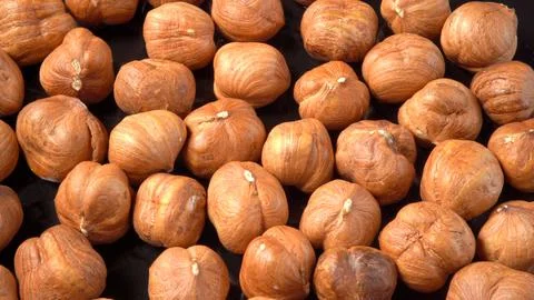 Heap Hazelnut Kernels oo black background Close Up Stock Photos