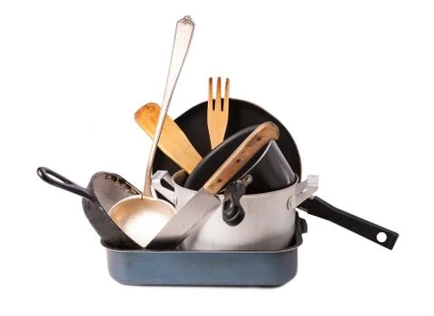 Heap of kitchen bakeware with pan and pot Stock Photos