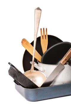 Heap of kitchen bakeware with pan and pot Stock Photos