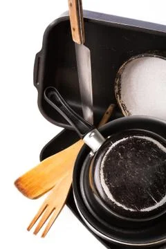 Heap of kitchen bakeware with pan and pot Stock Photos