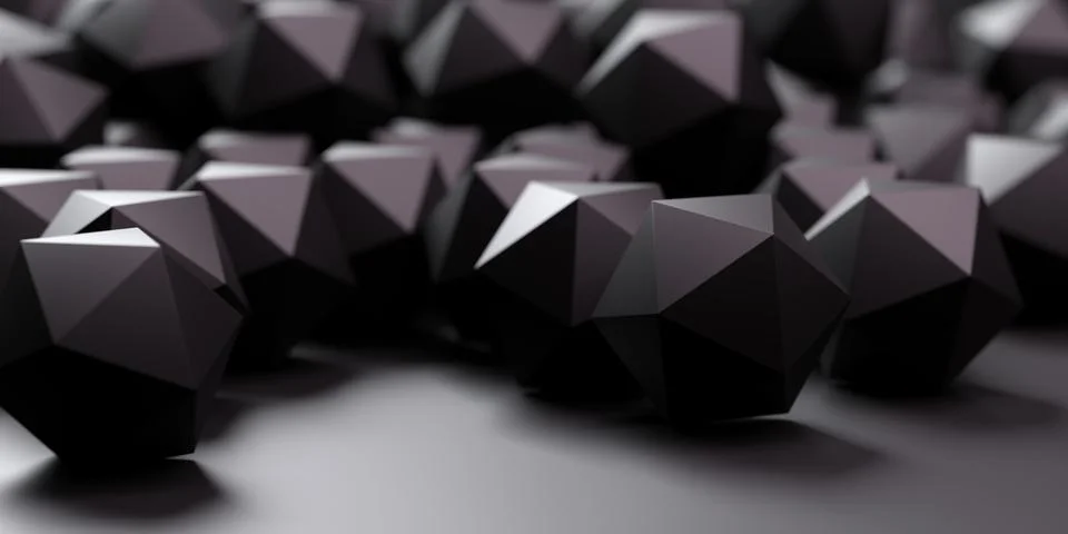 Heap of low poly sphere geometry primitives or icosahedrons on dark backgroun Stock Illustration