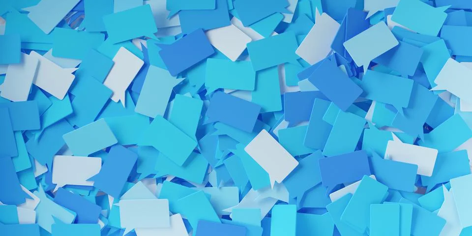 Heap of many blue speech bubbles or balloons flat lay top view from above, so Stock Illustration