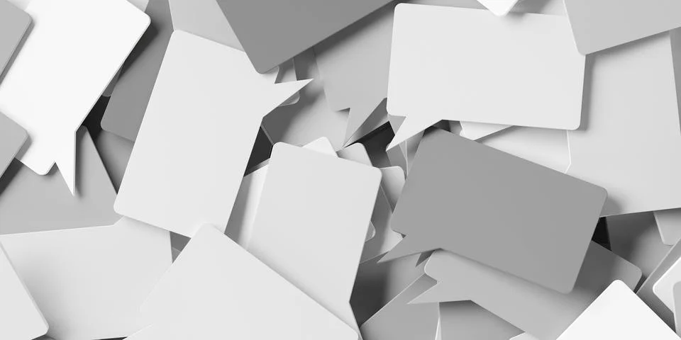 Heap of many gray speech bubbles or balloons flat lay top view from above, so Stock Illustration
