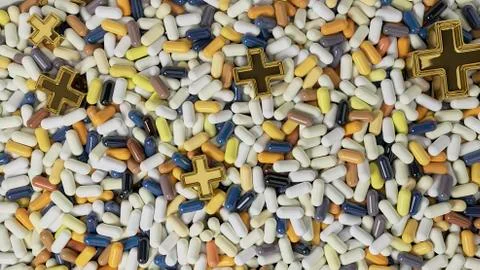 Heap of medicine tablets. Background made from pills or capsules in different Stock Illustration