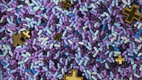 Heap of medicine tablets. Background made from pills or capsules in violet tint Stock Illustration