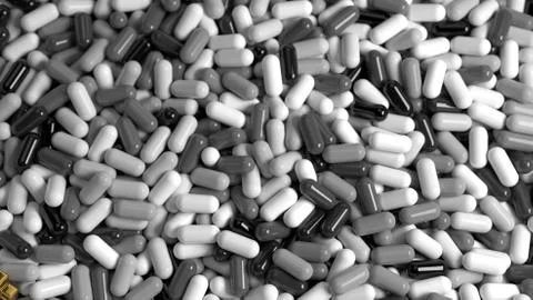 Heap of medicine tablets. Background made from pills or capsules in white and Stock Illustration