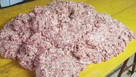 Heap of minced mixed meat for salami production Stock Footage 101054252
